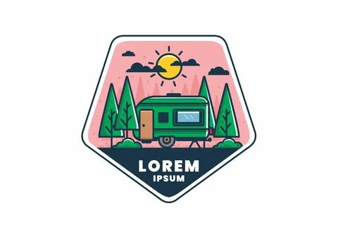 Campervan box with pine trees flat illustration 스톡 일러스트