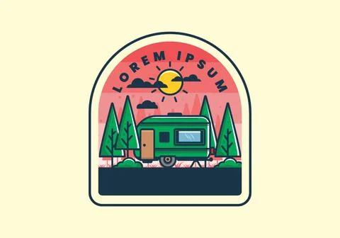Campervan box with pine trees flat illustration 스톡 일러스트