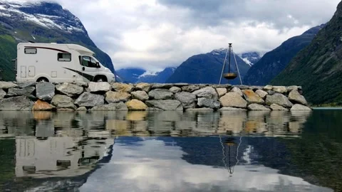 Campervan Parked by Mountain Lake Reflection Stock Footage 308636250