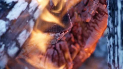 Campfire 4k, Flames Dance on Glowing Wood Fire Coals, Still Handshot Stock Footage 150599304