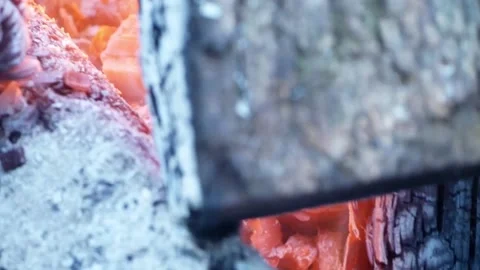 Campfire 4k, Flames Dance on Glowing Wood Fire, Pan Up to Top Stock Footage 150599439