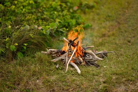 Campfire and flame rest time on sea coast. Stock Photos