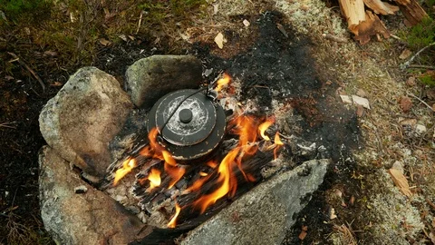 Campfire and Kettle Stock Footage 98301757