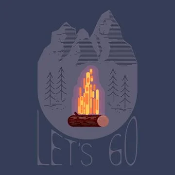 Campfire on a background of forest and mountains.Lets go. Stock Illustration
