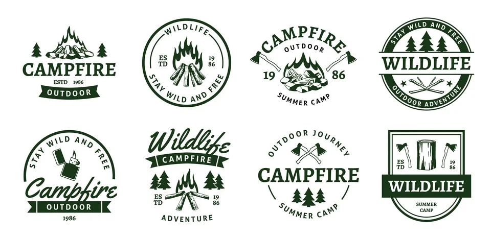 Campfire black emblems. Adventure design labels, burning firewood and woodpiles Ilustração Stock