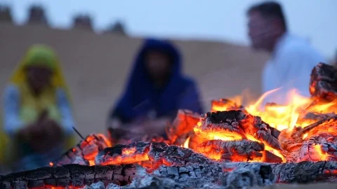 Campfire with bright fire burning on Gobi desert Видео 88336286