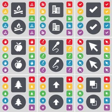 Campfire, Building, Tick, Apple, Microphone, Cursor, Firtree, Arrow up, Copy ico Stock Illustration