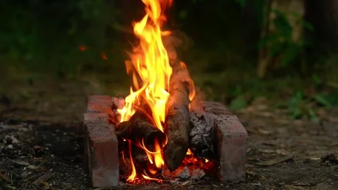 Campfire Burning Between Bricks Outdoors Stock Footage 342120607