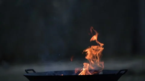 Campfire burning in firebowl, fire flames and sparks in slow motion 120 fps Stock Footage 154021761