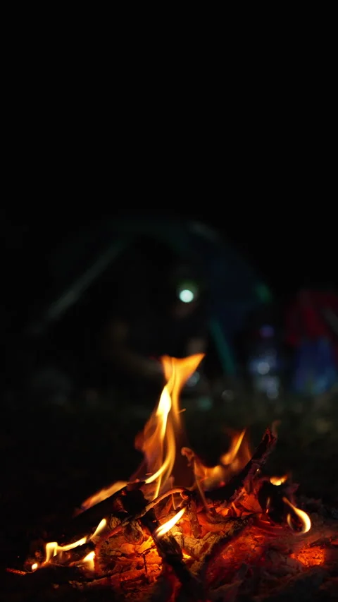 Campfire burning in front of a camping tent with glowing firewood and dry twigs Stock Footage 341484176