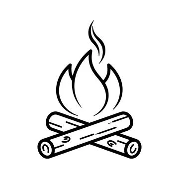 Campfire with burning logs and rising smoke, black and white line isolated .. Stock Illustration