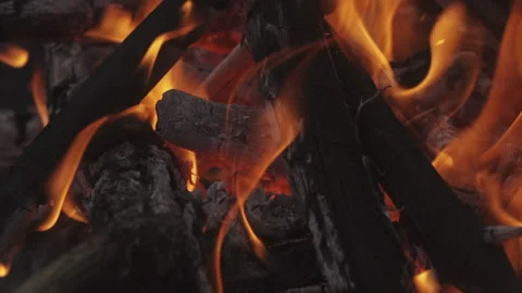 Campfire Burning Night - Close-up, Take 1 - 120fps Stock Footage 131485020