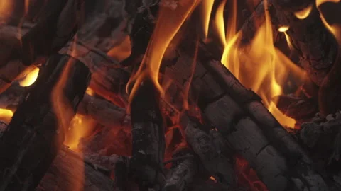 Campfire Burning Night - Close-up, Take 2 - 120fps Stock Footage 131485024