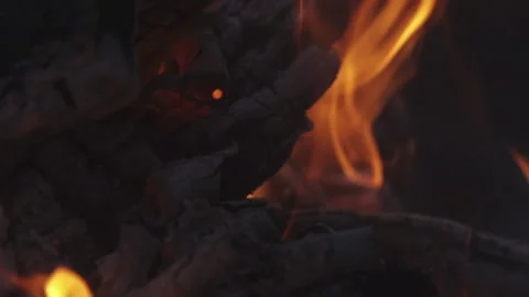 Campfire Burning Night - Close-up, Take 4 - 120fps Stock Footage 131486220