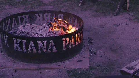 Campfire Burning in Rustic Metal Firepit at Kiana Park Stock Footage 332819916