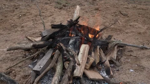 Campfire Burning on Sandy Beach (4K) Stock Footage 307778397