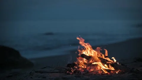 A campfire burns on a deserted sandy beach at the seashore in the evening 스톡 동영상 254800324