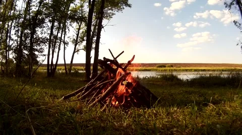 Campfire at camp in the Podillya region, Khmelnytskyi, Ukraine Stock Footage 66877952