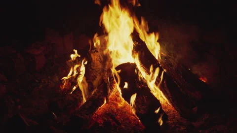 Campfire closeup Yellow flames between big logs Stock Footage 212588859