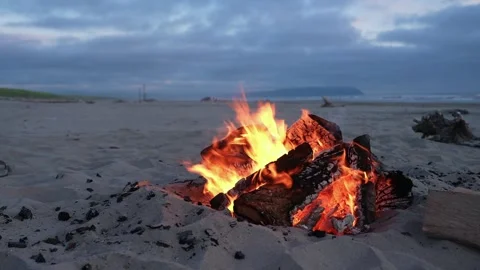 Campfire on Cloudy Beach at Dusk, Oregon Coast, Pacific Northwest Stock Footage 341295211