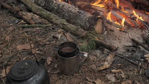 Campfire coffee in the wilderness Stock Footage 307855966