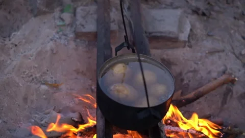 Campfire Cooking - Boiled Potatoes Video stock 285492829