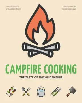 Campfire Cooking Camping Concept Vertical Invitation Placard Poster Banner Card Stock Illustration