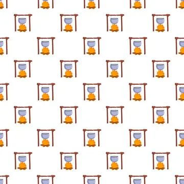 Campfire cooking pot pattern with flaming logs Illustrazione stock