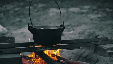 Campfire Cooking Pot with Potatoes Stock Footage 285490749