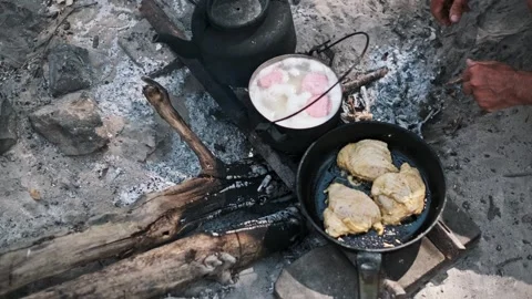 Campfire Cooking, Top View Stock Footage 284674592
