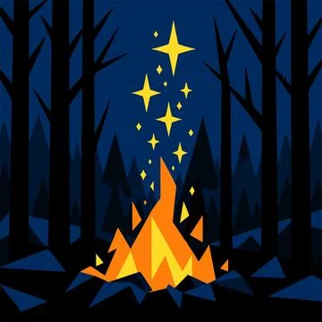 Campfire in dark forest emitting bright stars and warm light at night Ilustração Stock