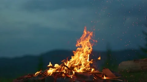 Campfire at dusk against the backdrop of mountains and forest. Tourist bonfire Stock Footage 197369683