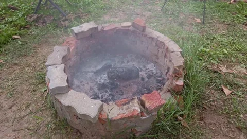 Campfire embers and charred logs smoking after water dousing Stock Footage 341722695