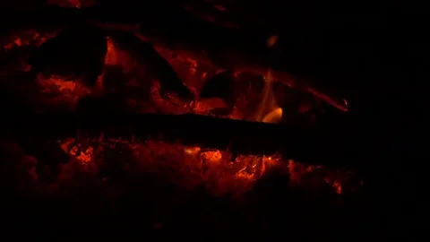 Campfire fire on hot coals at night, slow motion, full hd video footage Stock Footage 85126767