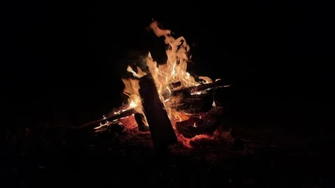 Campfire in the fireplace, deep dark night, 4K in 60 fps Stock Footage 242494109