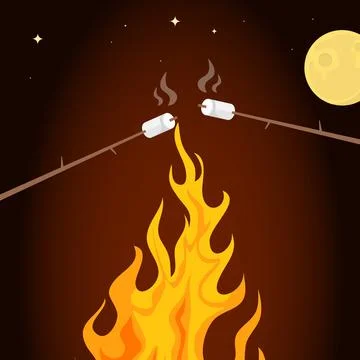Campfire flame close up roasting marshmallows on wooden stick dark starry Stock Illustration