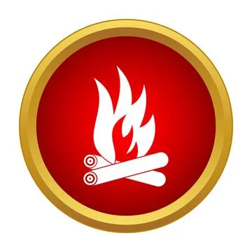 Campfire flame icon with burning logs symbol on red gold circle Stock Illustration