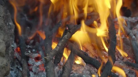 Campfire flames, flames of fire burning a piece of log in slow motion. Stock-Footage 310408762