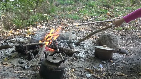 Campfire in Forest — Kettle, Clay Pot, and Moving Embers Vidéo 346392318
