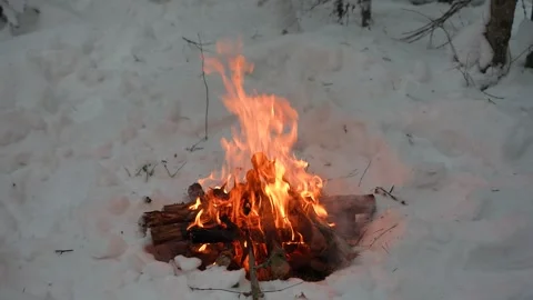 Campfire glows in a snow-filled forest Видео 328994927