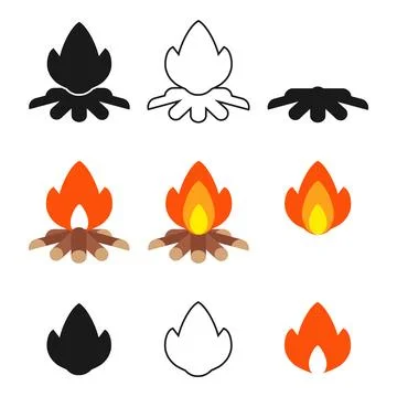 Campfire icon set with flame silhouettes, outlines, and colorful vector Stock Illustration
