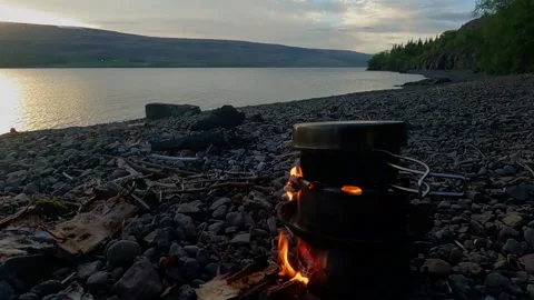 Campfire on the islandic camp side Stock Footage 157395254