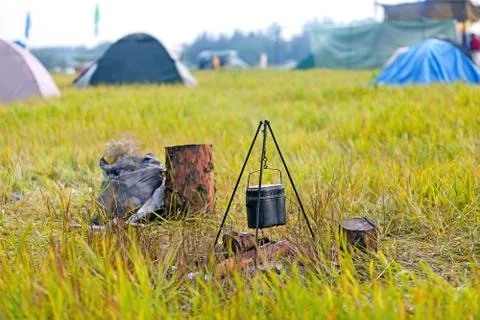 Campfire with kettle Stock Photos