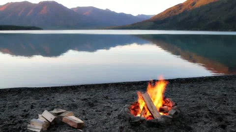 Campfire by the lake Stock Footage 12150049