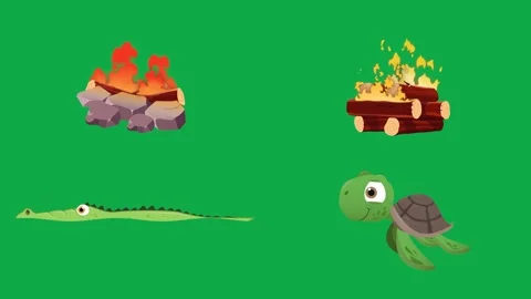 Campfire Log Crocodile Turtle animation on green screen minimal animated Stock Footage 334704438