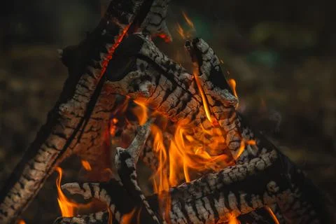 Campfire Logs Arranged in Tepee Shape with Flames Stock Photos