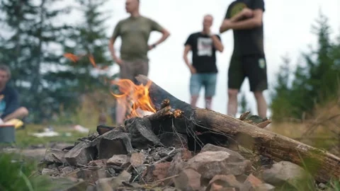 Campfire in nature, a beautiful fire is burning at the campsite of tourists Stock Footage 271598985