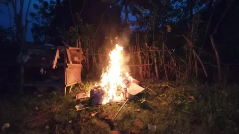 Campfire at Night in a Natural Setting. Slow motion Stock Footage 303001351