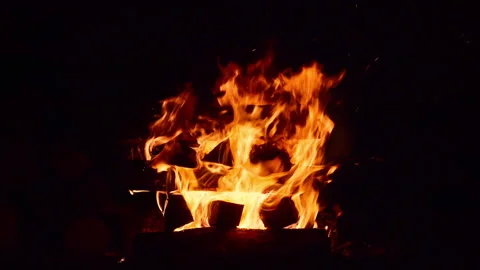 Campfire at Nighttime. Silhouette of Man Putting Wood on Fire and Walking Away. Stock Footage 313402287