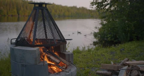 Campfire pit by the lake at evening / Ducks in back ground / Focus on fire Vídeo Stock 130927386